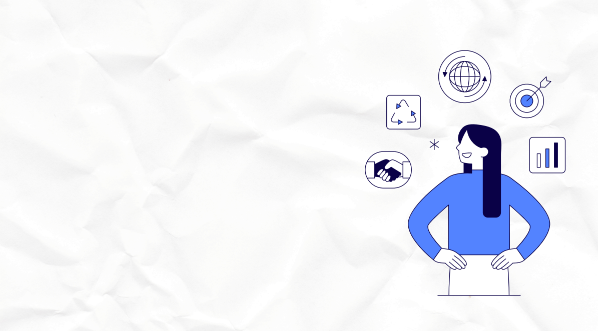 Illustration of a person with hands on hips, surrounded by various icons representing business concepts such as Partnerships, eco-friendliness,Data transformation, worldwide reach, data visualization, and goals. The background is wrinkled paper.