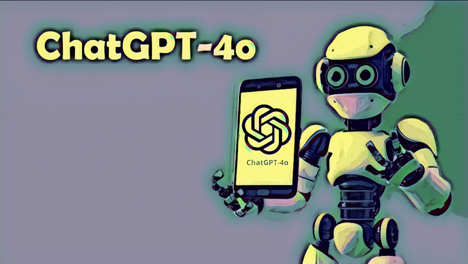 A repetitive grid pattern depicting the text 'ChatGPT 4o' alongside an AI chatbot holding a phone displaying the ChatGPT-4o interface.