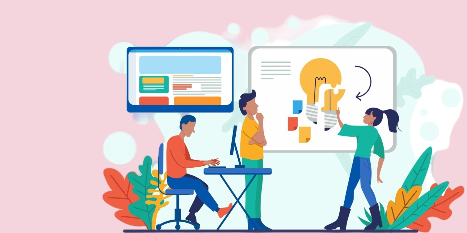 Illustration of team collaboration on digital product development with a focus on innovation, featuring a computer screen, whiteboard, and diverse team members brainstorming.