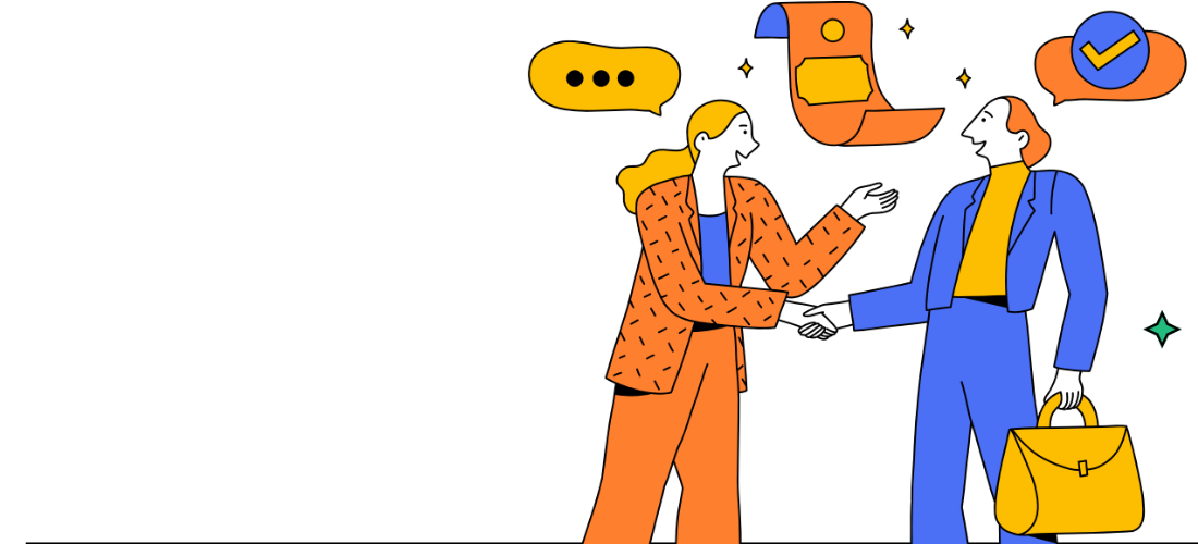 Two people shaking hands with a speech bubble above them, representing innovative customer experience technologies in 2024.