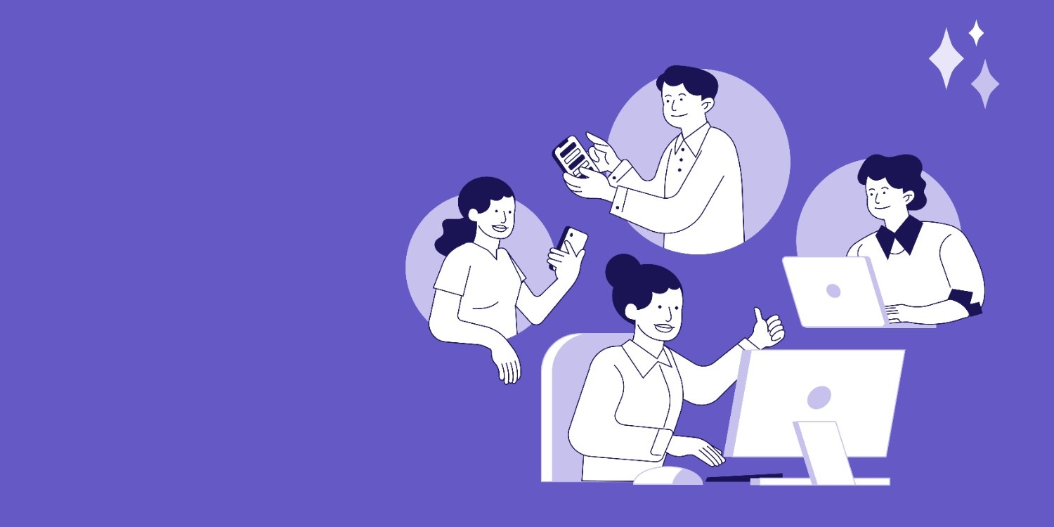 A team collaborates on devices against a vibrant purple backdrop, diving into customer success stories for actionable insights to enhance your CX strategy.