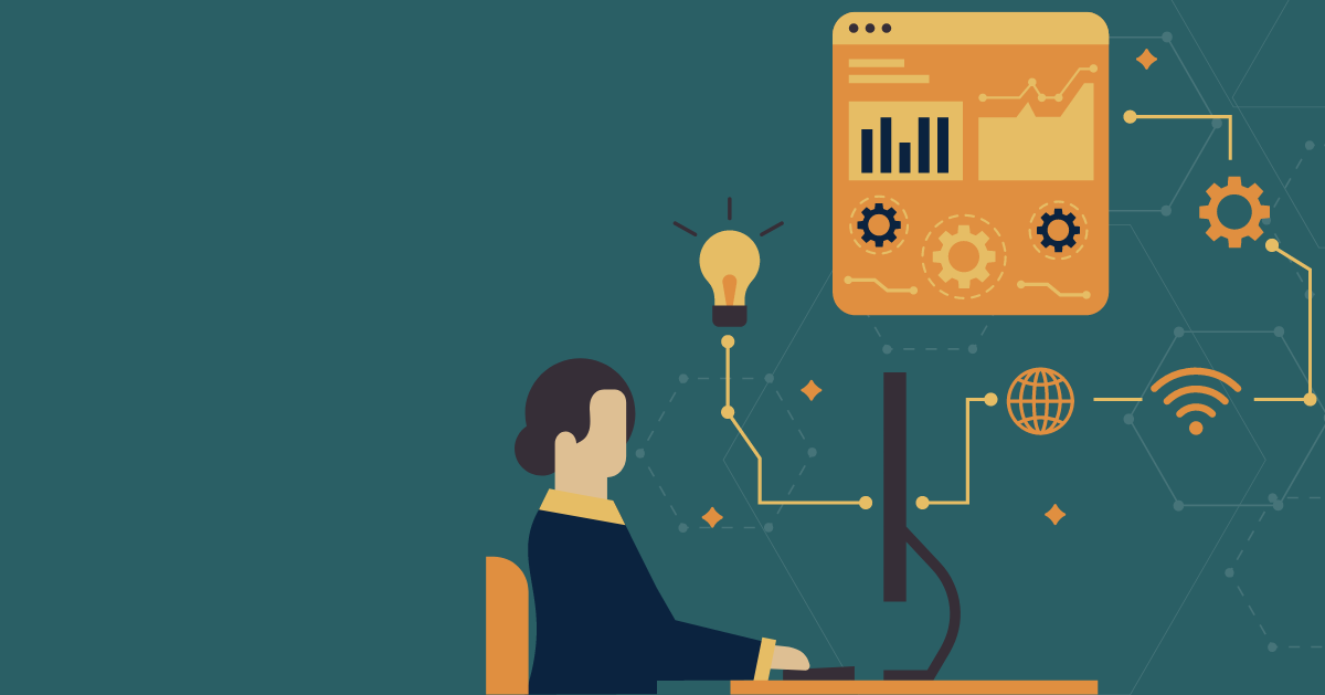 Person working at a computer with charts, gears, and technology icons, representing digital innovation, growth hacking, and emerging technologies in business.