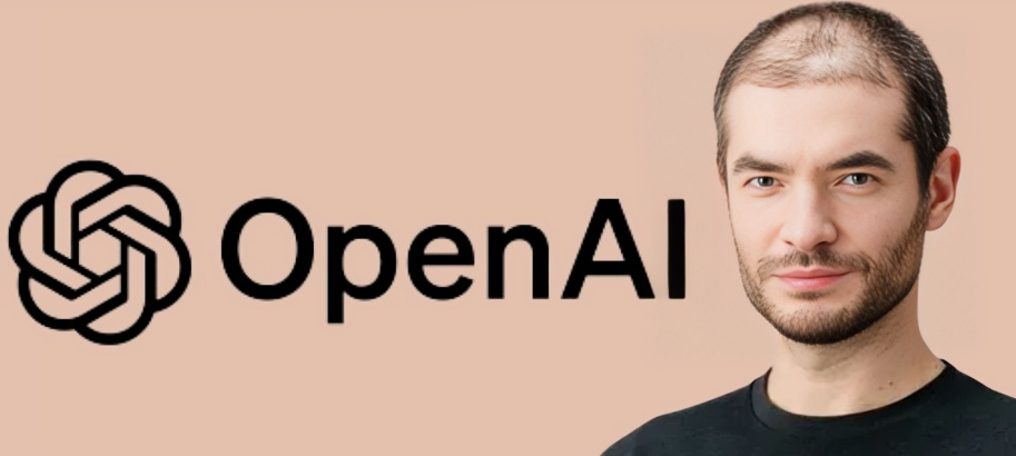 Ilya Sutskever, former chief scientist and co-founder of OpenAI, next to the OpenAI logo. He recently launched Safe Superintelligence Inc., focusing on AI safety.