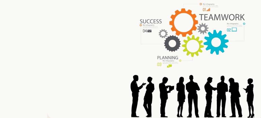 A diverse team collaborating, with gears labeled 'Teamwork', 'Planning', and 'Success' symbolizing the interconnected elements of digital transformation and innovation insights