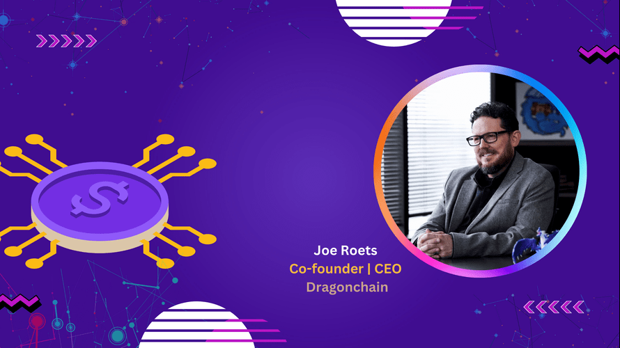 Joe Roets, Co-founder and CEO of Dragonchain, in an office setting. The image reflects his leadership and innovation in blockchain technology, with a blockchain-themed background