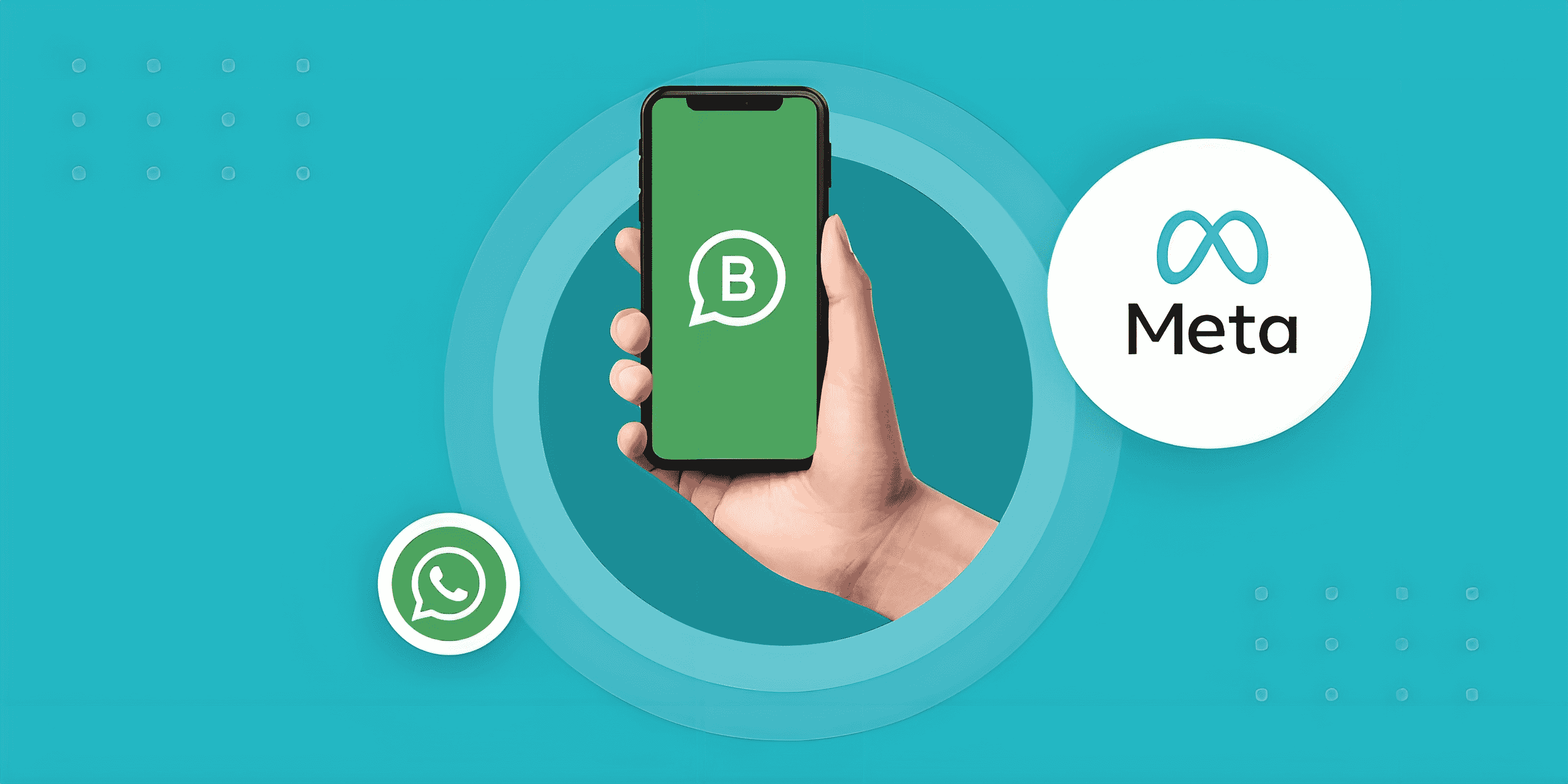 Hand holding a smartphone with WhatsApp Business logo, next to Meta logo, showcasing new AI and verification features for improved communication and credibility.