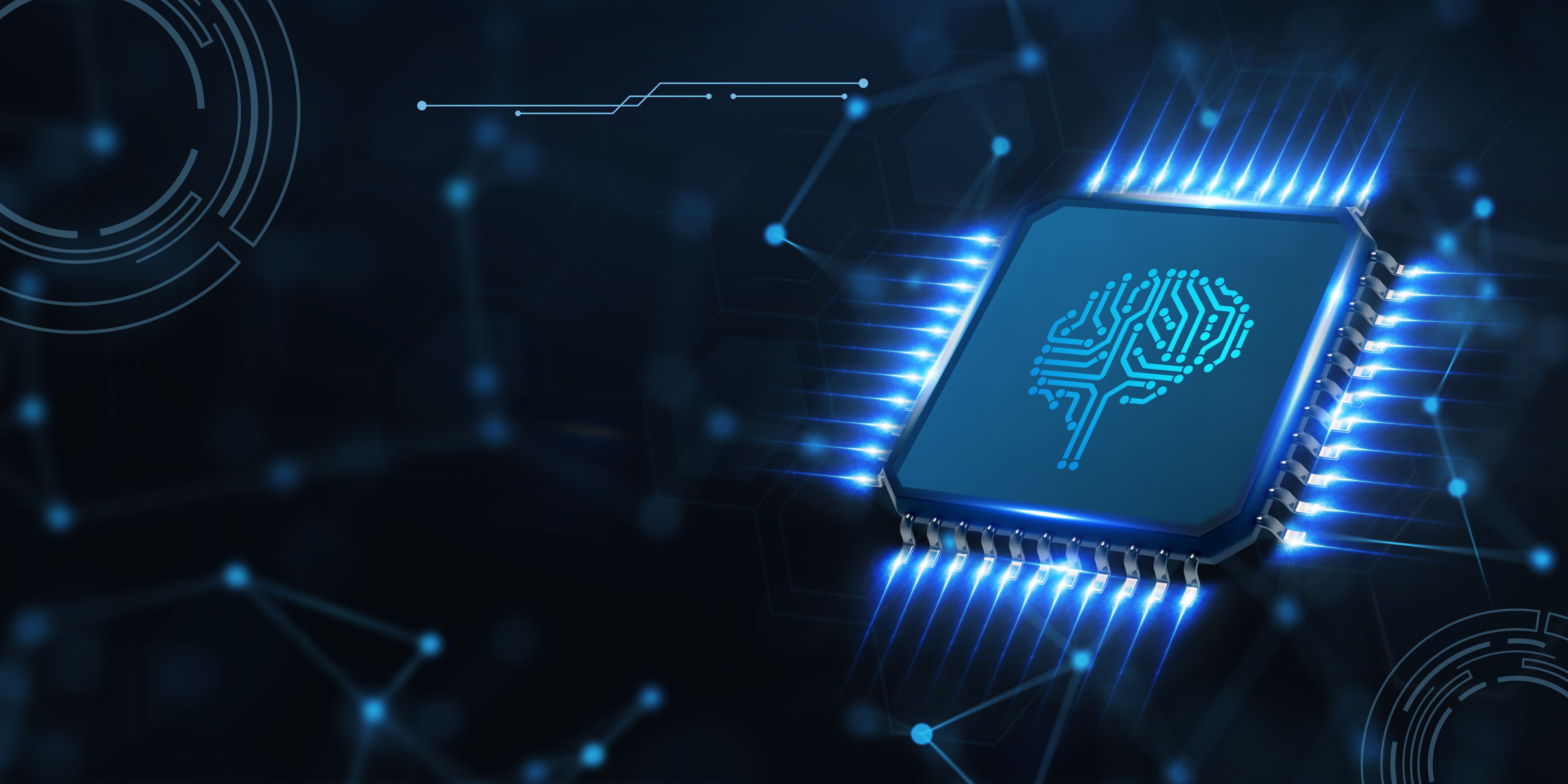 A digital illustration of a microchip with a brain pattern, symbolizing AI's transformative impact on data analytics, surrounded by glowing blue network connections.