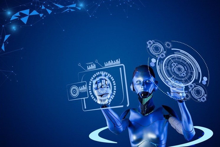 A futuristic robot utilizing AI technology with digital interfaces, symbolizing AI's role in enhancing business efficiency, innovation, and digital transformation