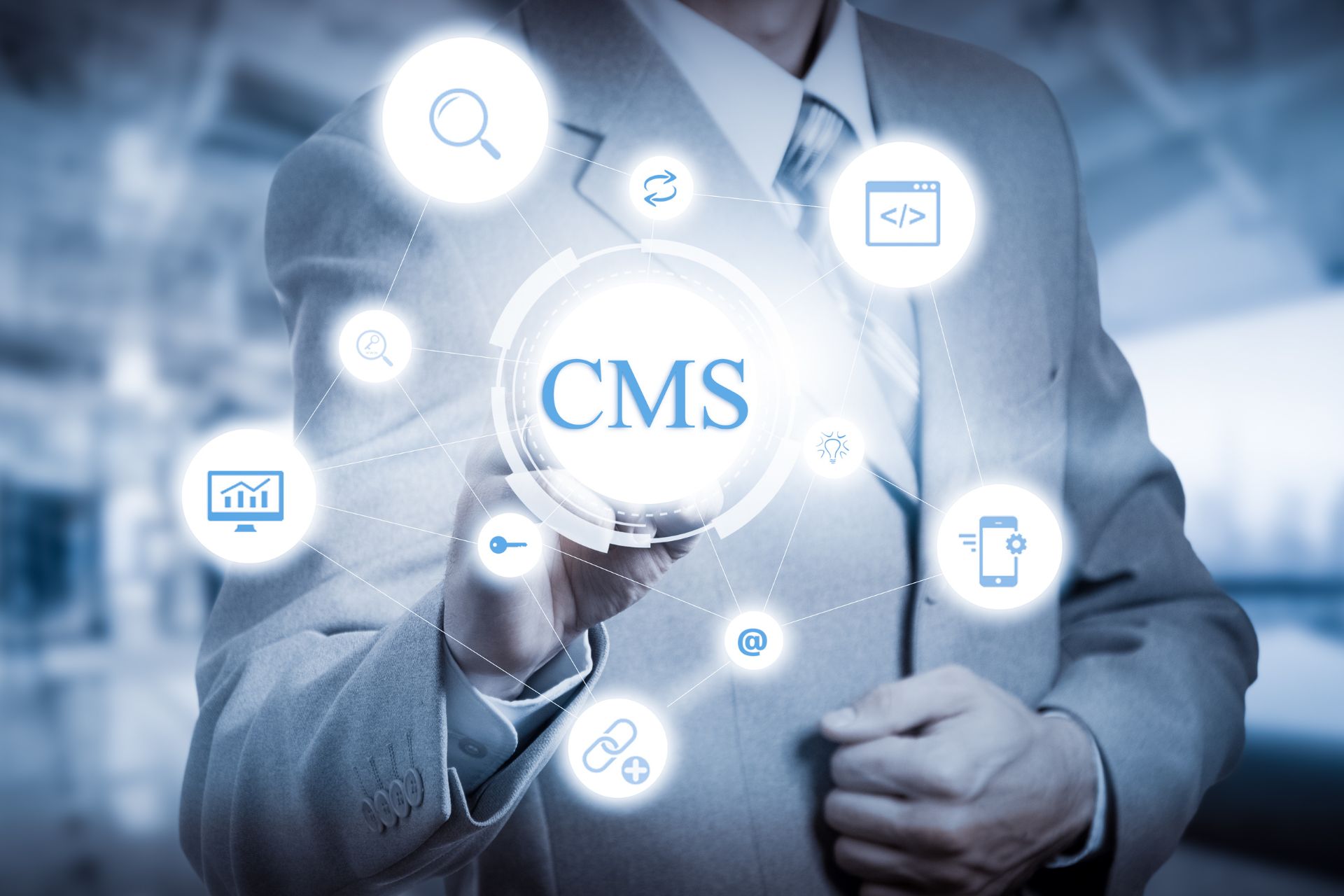 Business professional interacting with AI-powered Content Management System (CMS) interface, symbolizing the integration of AI in digital content management.