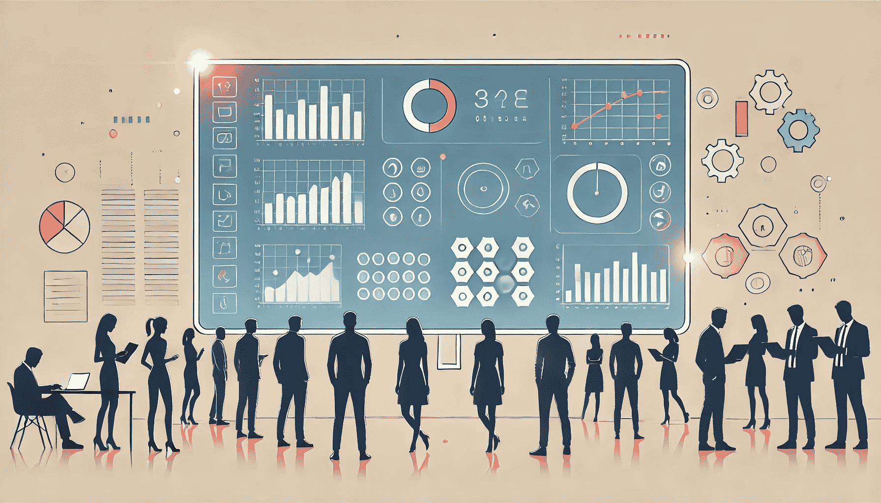 professionals analyzing data on a large digital screen, highlighting the benefits of generative AI for efficiency, cost reduction, and innovation.
