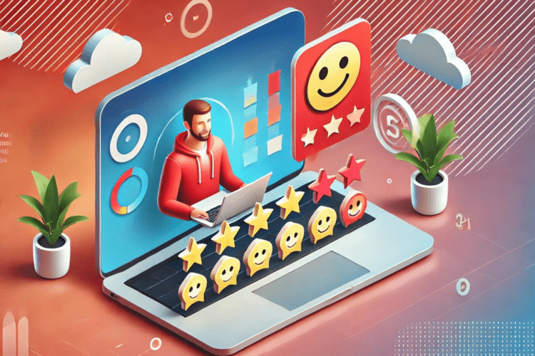 A person in a red hoodie working on a laptop with various customer feedback icons displayed, including star ratings and smiley faces, representing the process of turning customer surveys into actionable insights.