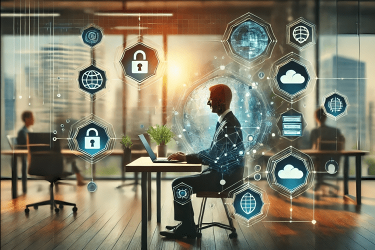 Professional working on a laptop in a modern office with digital icons of AI, blockchain, and cloud computing, representing cybersecurity in digital transformation.