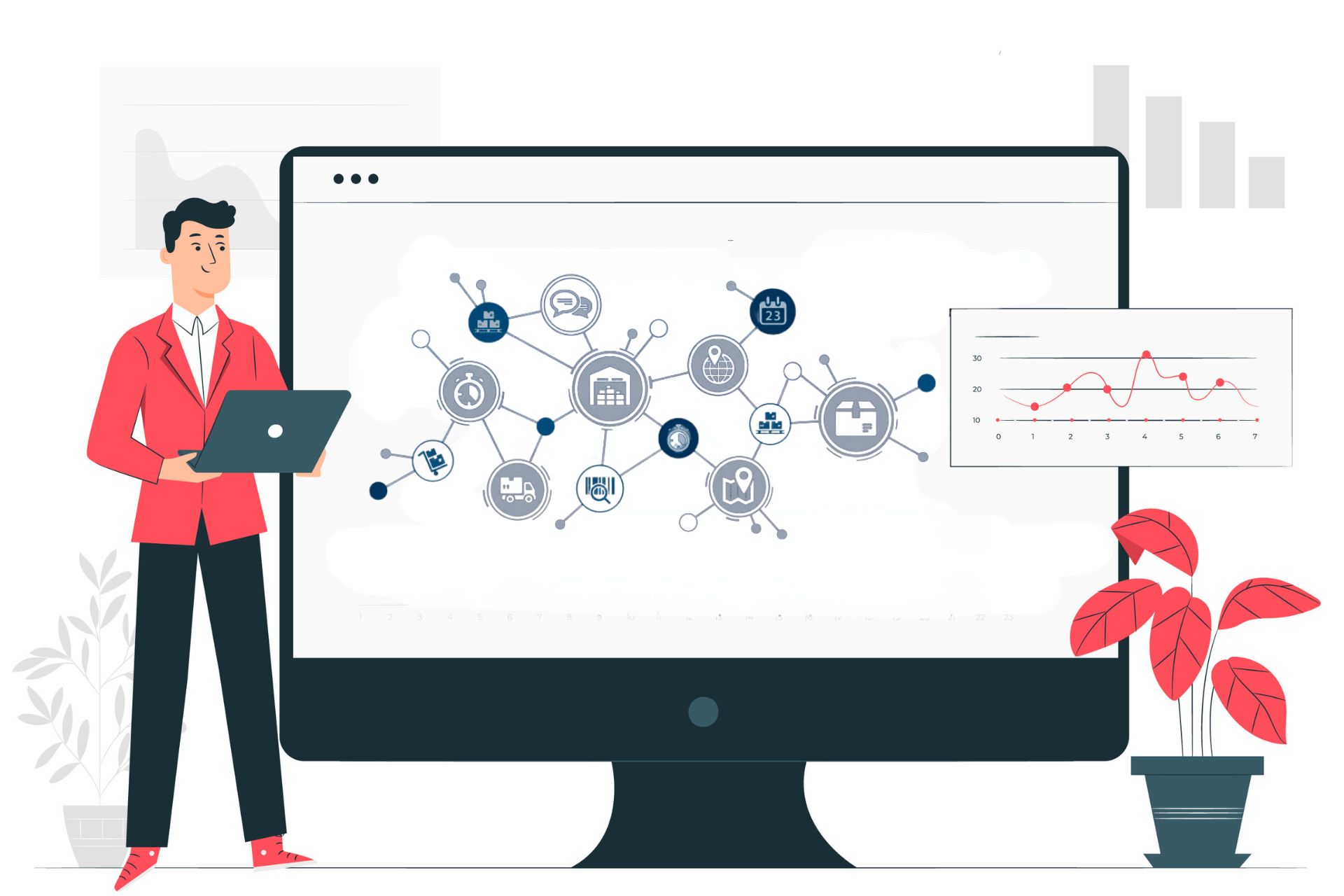 person using a laptop to analyze a digital supply chain network, highlighting the benefits of data analytics in optimizing logistics and inventory management.