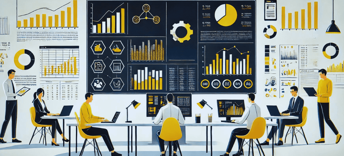 modern workplace with employees analyzing data on screens, highlighting digital transformation's impact on workforce efficiency and new job roles.