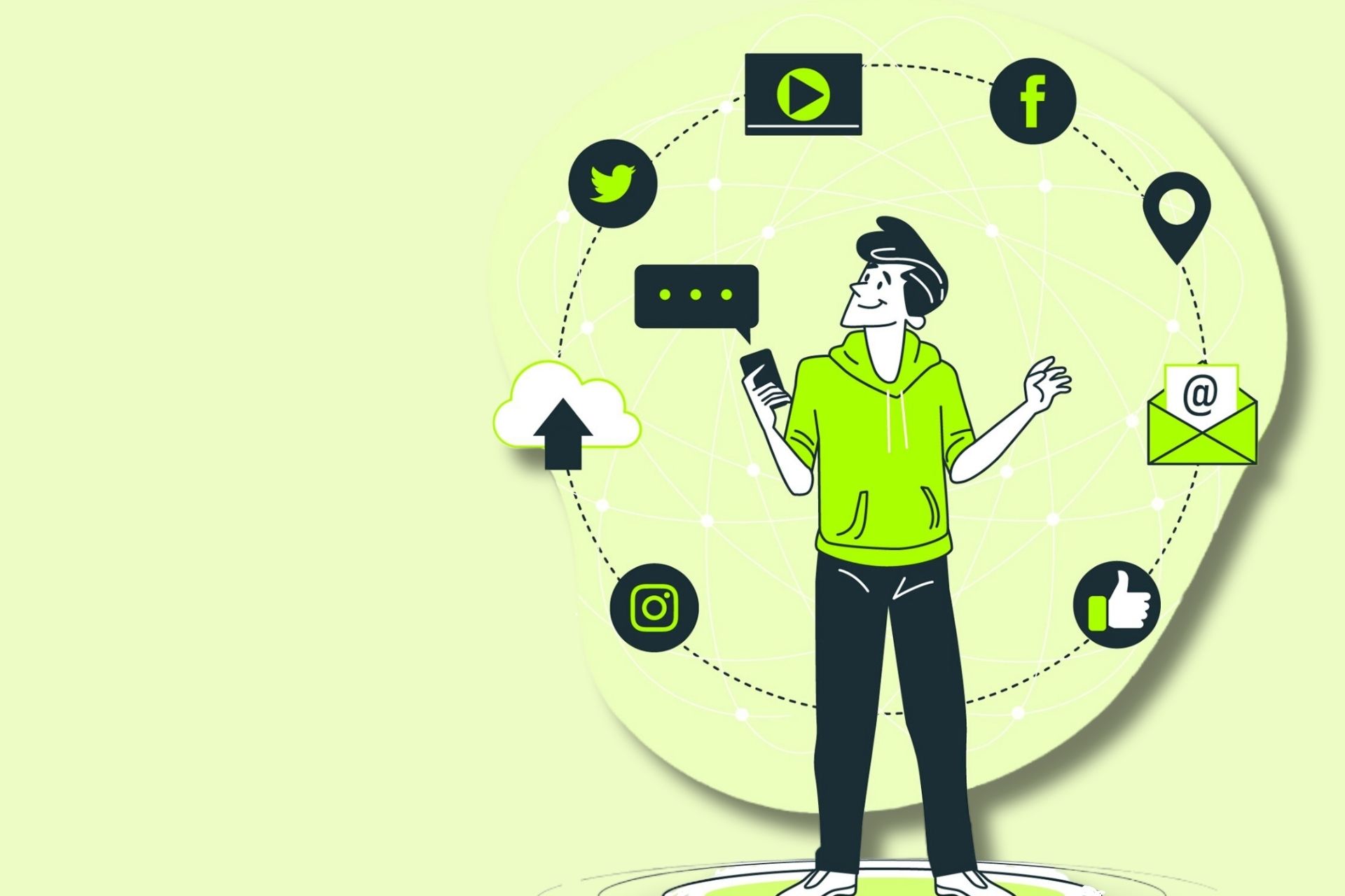 person using multiple digital channels like social media, email, and cloud services, representing the concept of omnichannel marketing and DXPs.