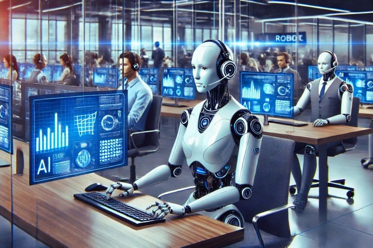 Robots and human agents working side by side in a modern call center, utilizing generative AI to enhance customer service efficiency and personalization