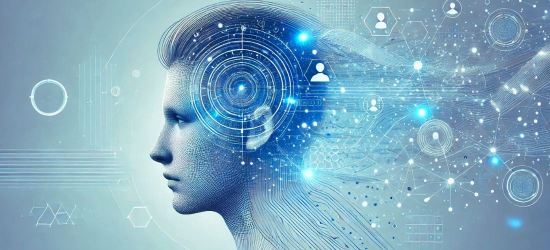 Abstract digital interface overlay on a human profile, emphasizing generative AI and digital transformation with blue tones and glowing AI-related elements.