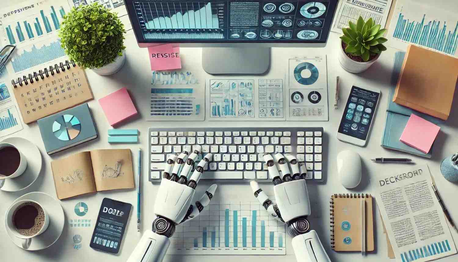 Robot hands typing on a keyboard surrounded by charts, graphs, and office supplies, illustrating the use of generative AI in marketing to boost creativity and efficiency.