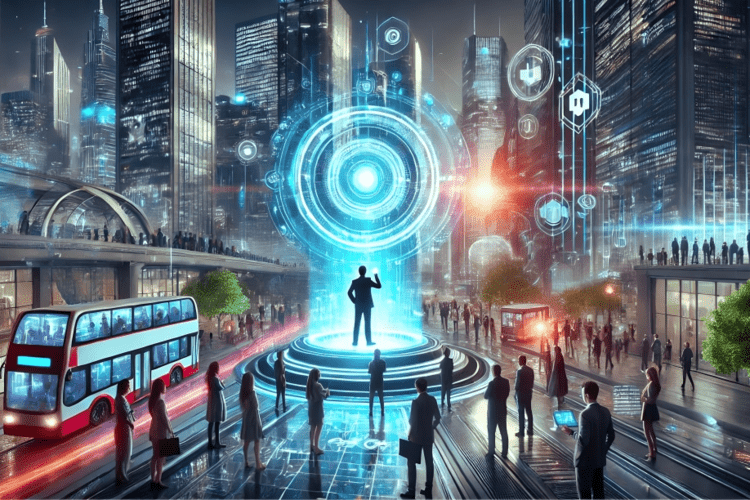 Futuristic cityscape illustrating customer experience in the metaverse, with people engaging through a glowing portal and a businessperson using a VR headset