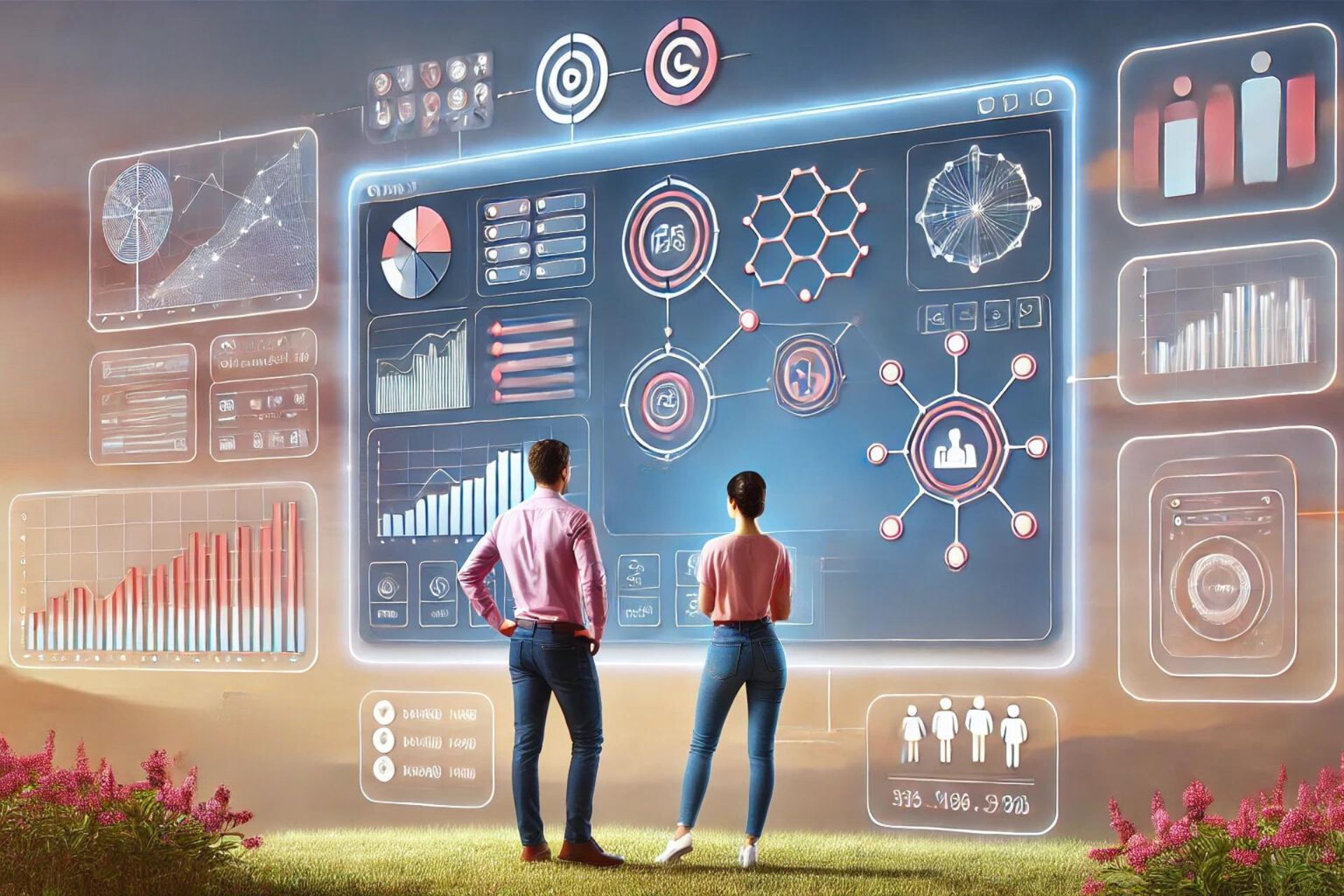 Two people analyzing futuristic data visualizations and charts on a large digital screen, representing the integration of Natural Language Processing (NLP) in business analytics.