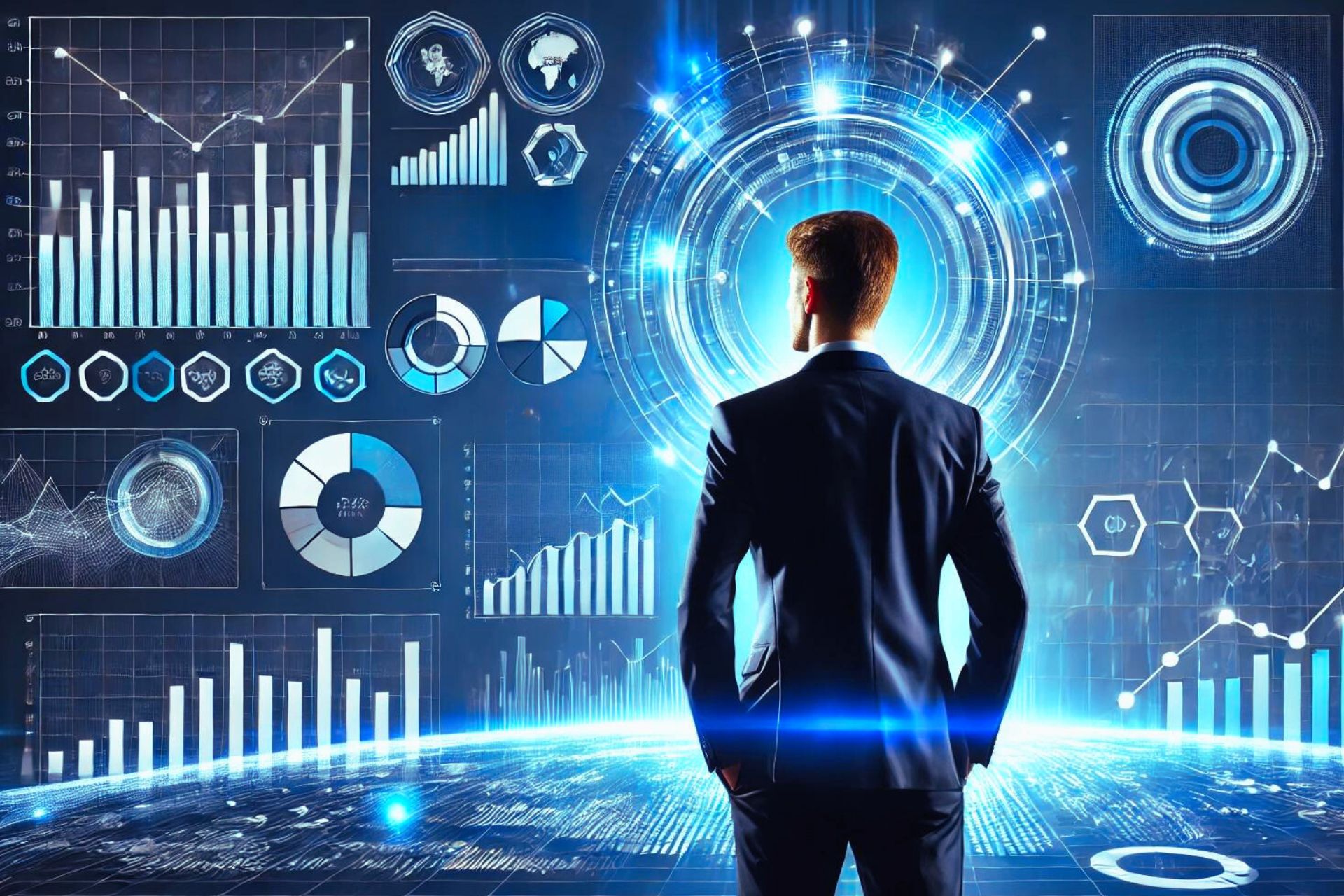 Professional businessman analyzing data charts and graphs representing the ROI of Big Data analytics in business, showcasing technology and innovation.