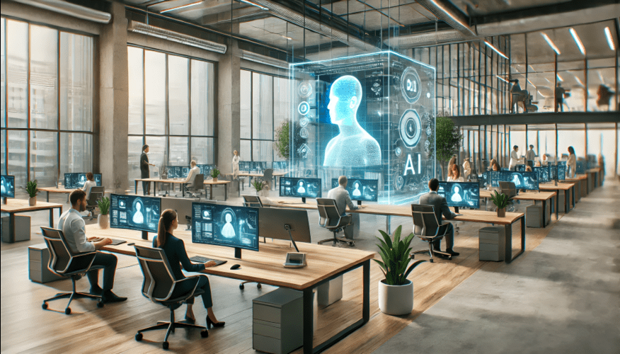 A modern office with diverse professionals interacting with advanced AI technology, featuring holographic interfaces and seamless AI integration, illustrating the ROI of implementing generative AI in business