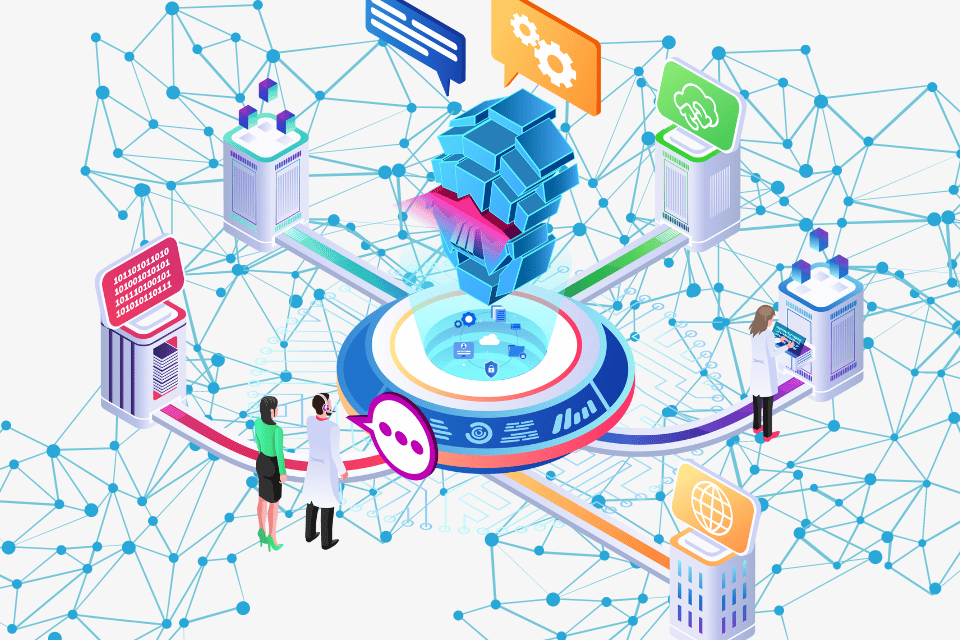 Illustration of generative AI and cloud computing integration driving enterprise innovation and scalability.