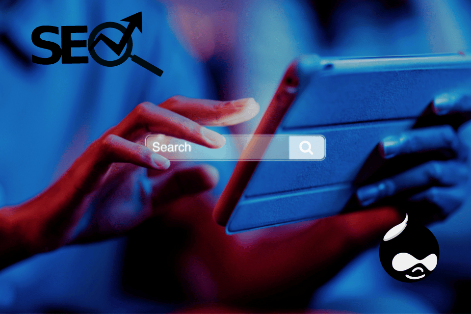 Illustration showing Drupal's built-in SEO tools and features to enhance website visibility and search engine rankings.