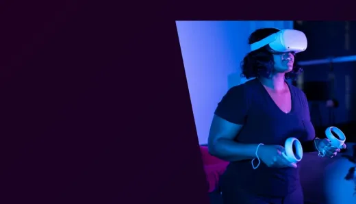 Person in VR headset explores immersive digital experiences, signifying AR/VR's impact on 2024 customer engagement