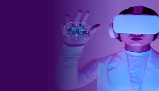 A person wearing a VR headset with a 5G network symbol floating in front, symbolizing the impact of 5G technology on enhancing AR/VR experiences through low latency and high throughput.