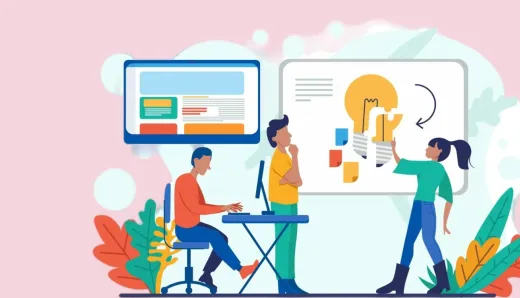 Illustration of team collaboration on digital product development with a focus on innovation, featuring a computer screen, whiteboard, and diverse team members brainstorming.