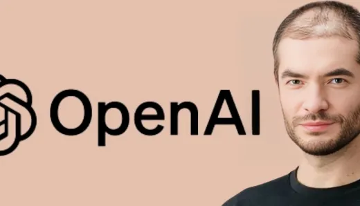 Ilya Sutskever, former chief scientist and co-founder of OpenAI, next to the OpenAI logo. He recently launched Safe Superintelligence Inc., focusing on AI safety.
