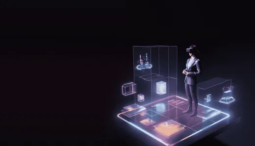 Person in a virtual reality environment showcasing the fusion of digital and physical experiences in product development, with holographic displays and advanced technologies.