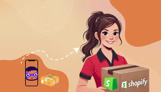 cheerful person holding a Shopify-branded package, highlighting the integration of Shopify's AI tools and mobile image editing for enhanced e-commerce services.