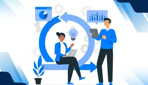 Two professionals collaborating on a digital transformation project using agile methodologies, surrounded by icons representing continuous improvement and data analysis.