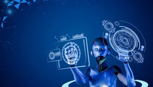 A futuristic robot utilizing AI technology with digital interfaces, symbolizing AI's role in enhancing business efficiency, innovation, and digital transformation