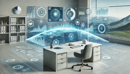 High-tech office setup with advanced augmented analytics interfaces, showcasing AI and ML-driven data insights and futuristic digital dashboards for business analysis.