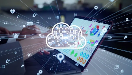 Person typing on a laptop with cloud computing icons and data visuals, symbolizing the role of cloud technology in driving digital transformation and business growth.