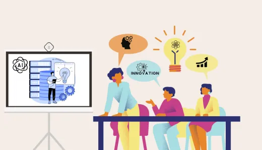 A representation of generative AI driving corporate innovation through product development and operational efficiency.