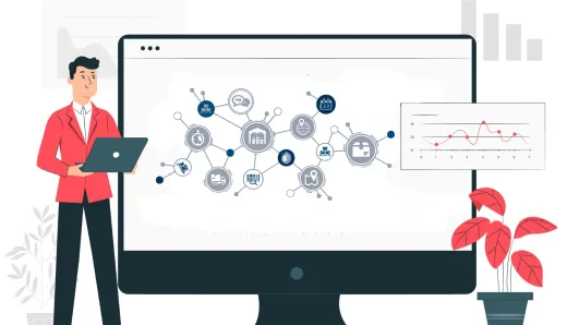 person using a laptop to analyze a digital supply chain network, highlighting the benefits of data analytics in optimizing logistics and inventory management.