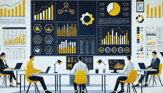 modern workplace with employees analyzing data on screens, highlighting digital transformation's impact on workforce efficiency and new job roles.