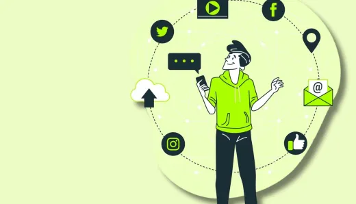 person using multiple digital channels like social media, email, and cloud services, representing the concept of omnichannel marketing and DXPs.