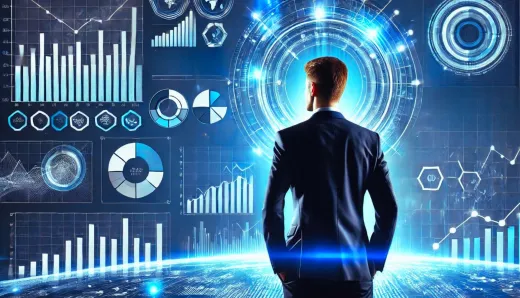 Professional businessman analyzing data charts and graphs representing the ROI of Big Data analytics in business, showcasing technology and innovation.